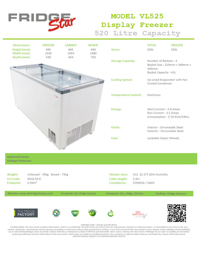 Fridge Star Vl525 520l Glass Slider Chest Freezer