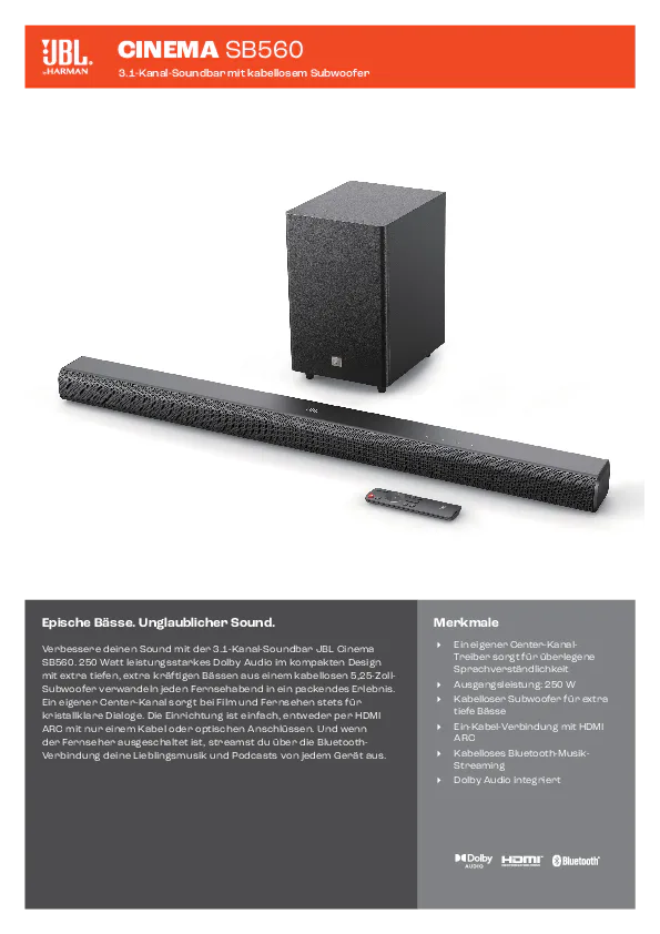 Jbl Sb560 3.1 Channel Soundbar & Sub view 8